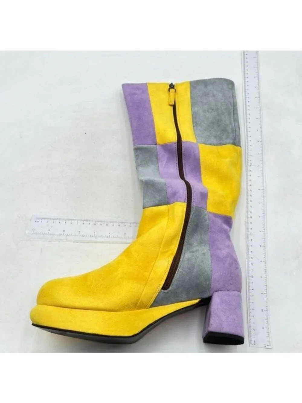 Platform Knee High Boots for Women Boots Round Toe Chunky High Heels Yellow Grey
